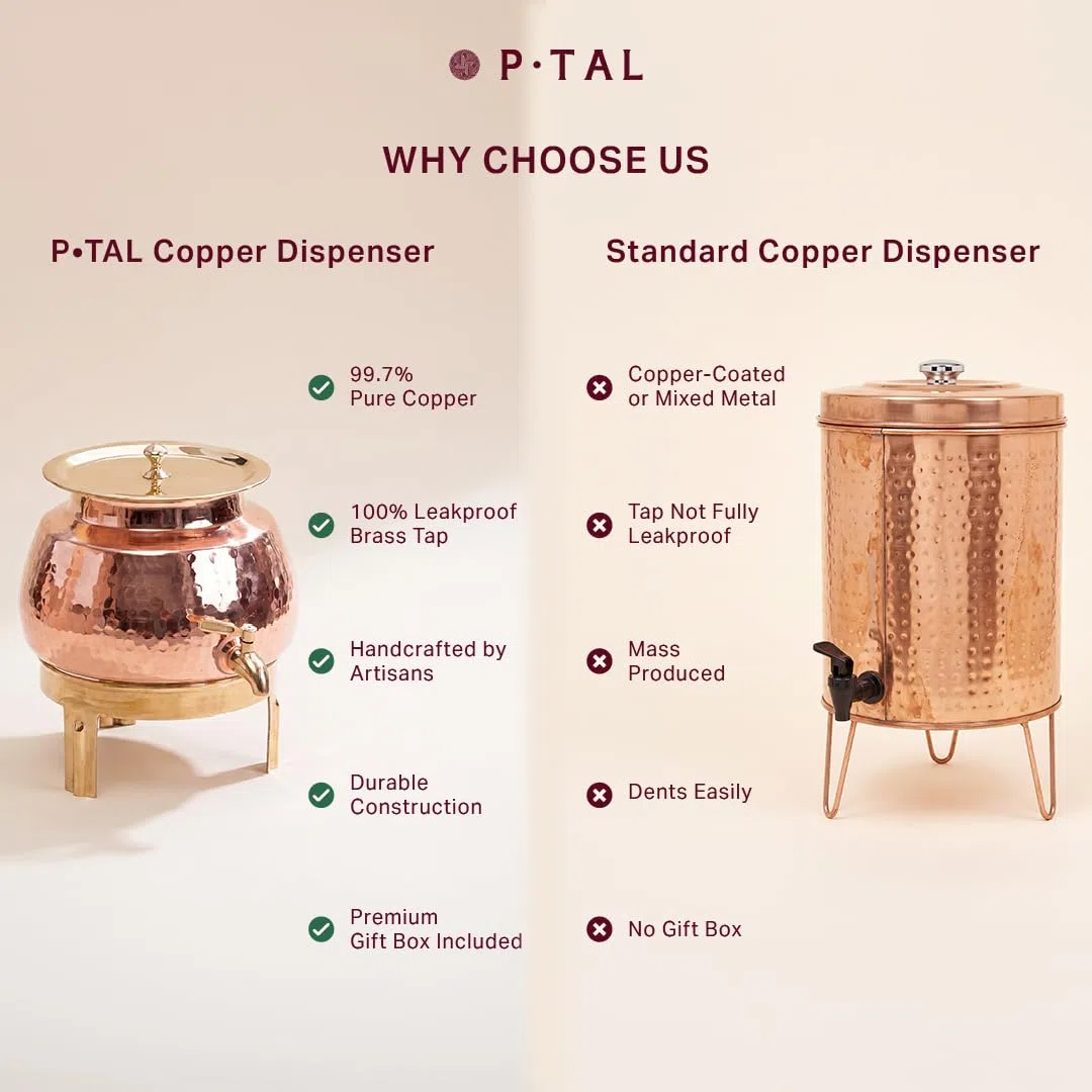 P•TAL Wasserspender aus 100 % reinem Kupfer, schwerer, gehämmerter Kupfertopf mit auslaufsicherem Messingzapfen, Deckel und Ständer, ayurvedische gesundheitliche Vorteile, rotgoldenes Finish