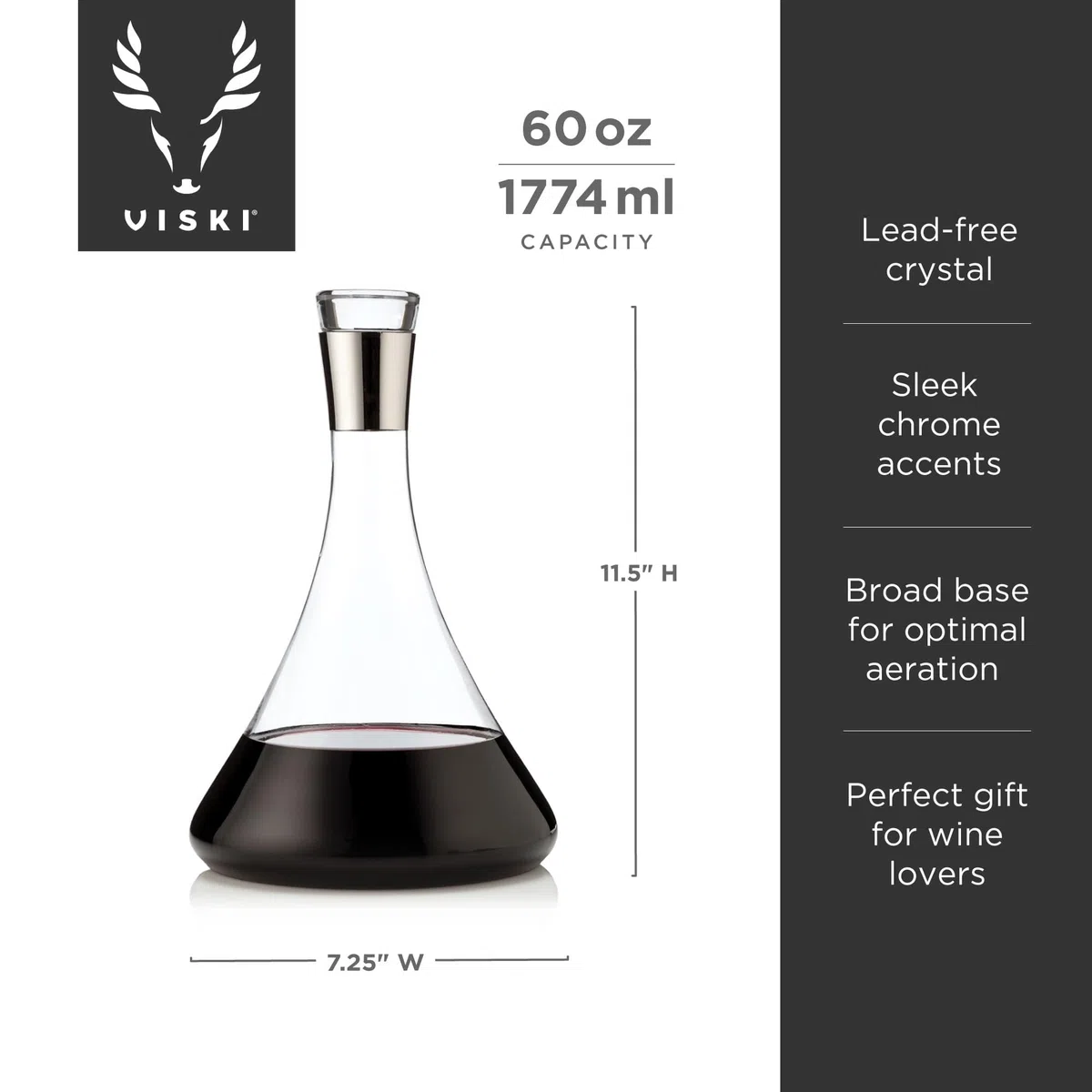 Viski Irving Weindekanter mit Glasstopfen, bleifreie Kristallkaraffe für Rot- und Weißwein mit Chrom-Akzenten, eleganter großer Krug für Einweihungsfeiern, Hochzeitsgeschenke, 1,701.0 g, Harrison