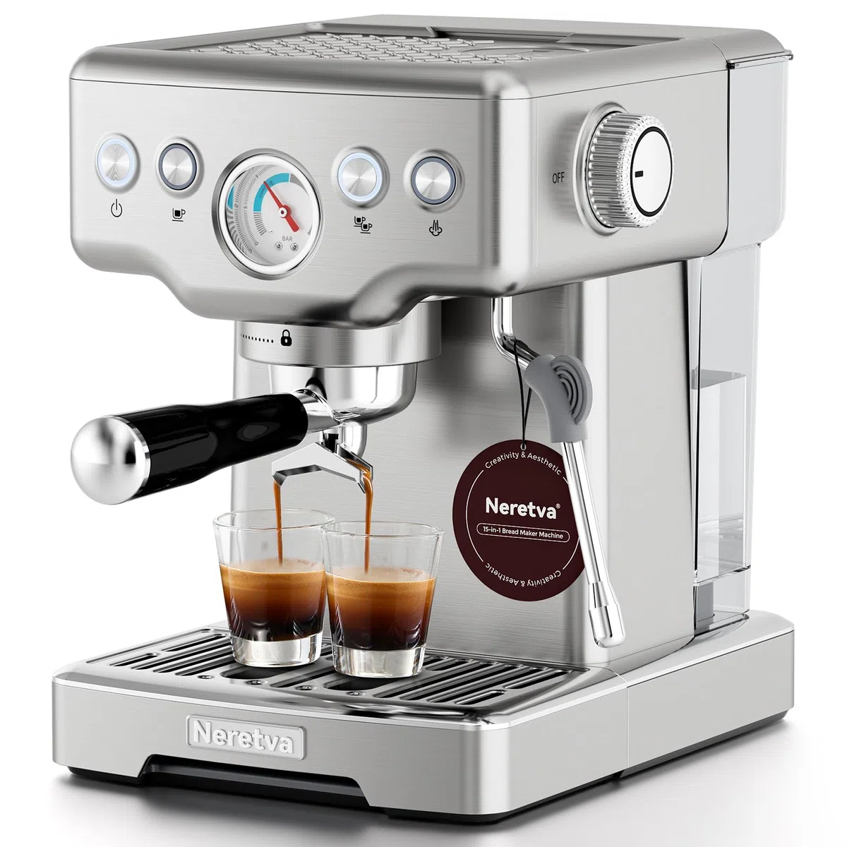 Neretva Siebträgermaschine, Edelstahl Espressomaschine 15 Bar Professionellem Siebträger Kaffeemaschine mit Leistungsstarker Milchaufschäumer, Sichtbares Manometer, 1,8L-Tank, inkl. Barista-Kit
