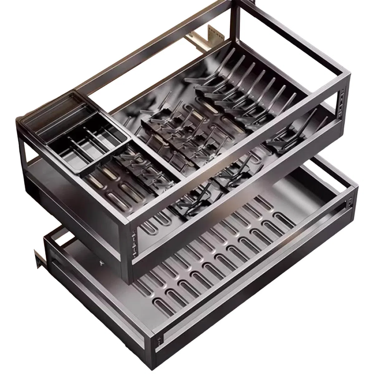 Ausziehbarer Schrank für Küche, Backgeschirr, 2 Ebenen, ausziehbare Schubladen mit Utensilien-Aufbewahrungsbox und 16 Schüsselhaltern, 9 Tellerhalter, mehrfarbig, 600 mm, 600 mm Schrank