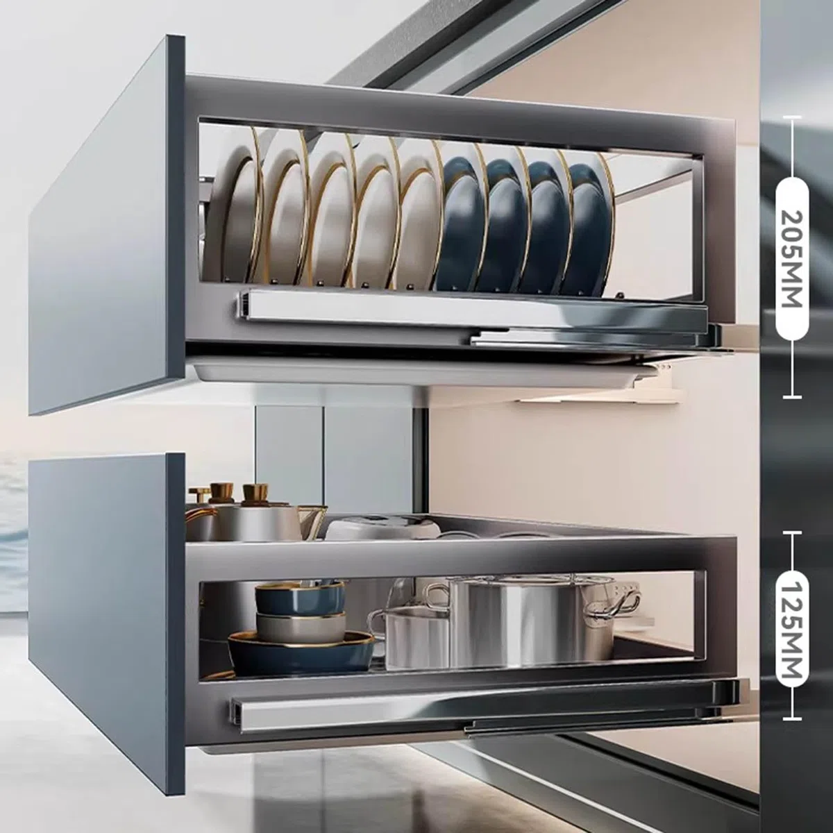 Ausziehbarer Schrank für Küche, Backgeschirr, 2 Ebenen, ausziehbare Schubladen mit Utensilien-Aufbewahrungsbox und 16 Schüsselhaltern, 9 Tellerhalter, mehrfarbig, 600 mm, 600 mm Schrank