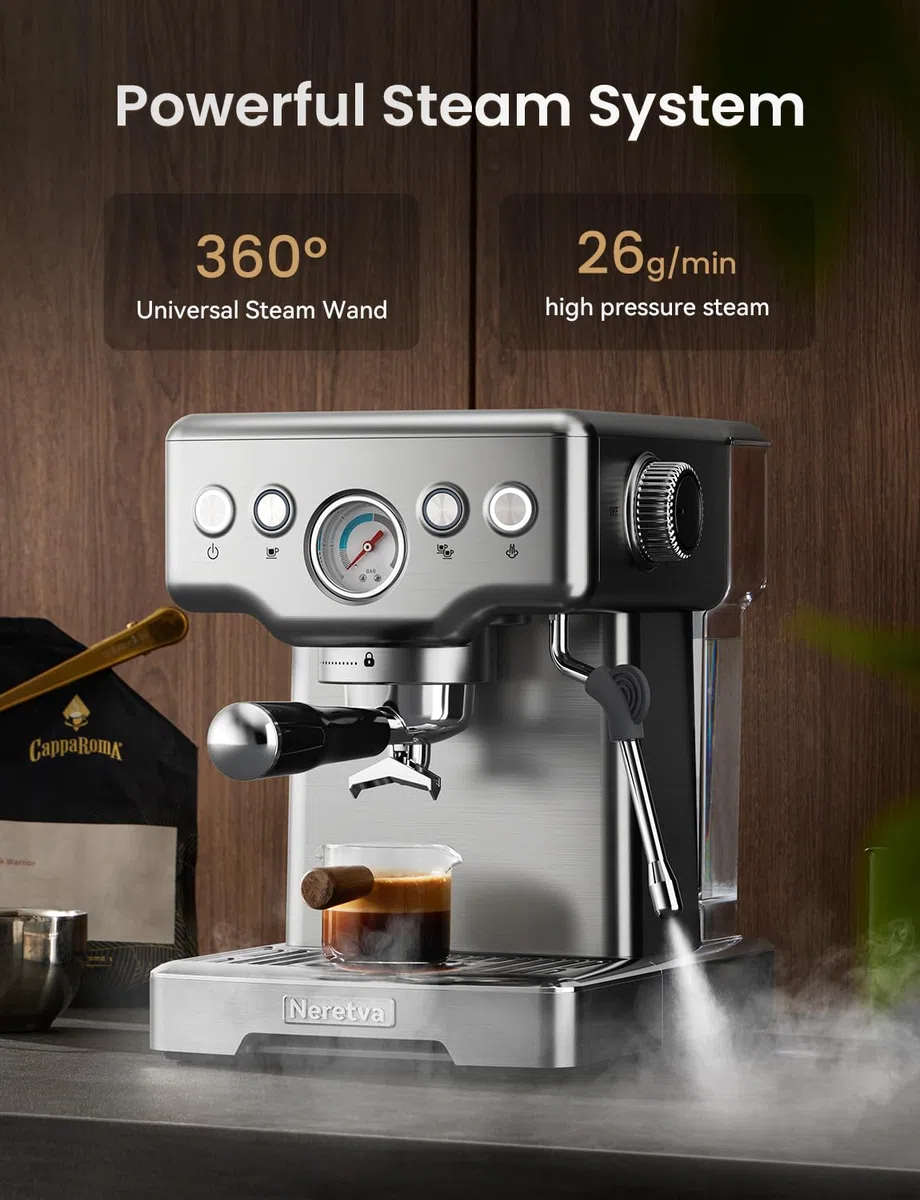 Neretva Siebträgermaschine, Edelstahl Espressomaschine 15 Bar Professionellem Siebträger Kaffeemaschine mit Leistungsstarker Milchaufschäumer, Sichtbares Manometer, 1,8L-Tank, inkl. Barista-Kit