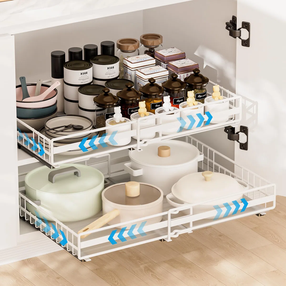 2 Stück Teleskopschublade Ausziehbare Schublade Küche Schubladen Küchenschrank Organizer Küche mit Klebestreifen Ausziehbar Schrank Organizer Kein Bohren Expandierbare Breite 31-50cm/32-52cm