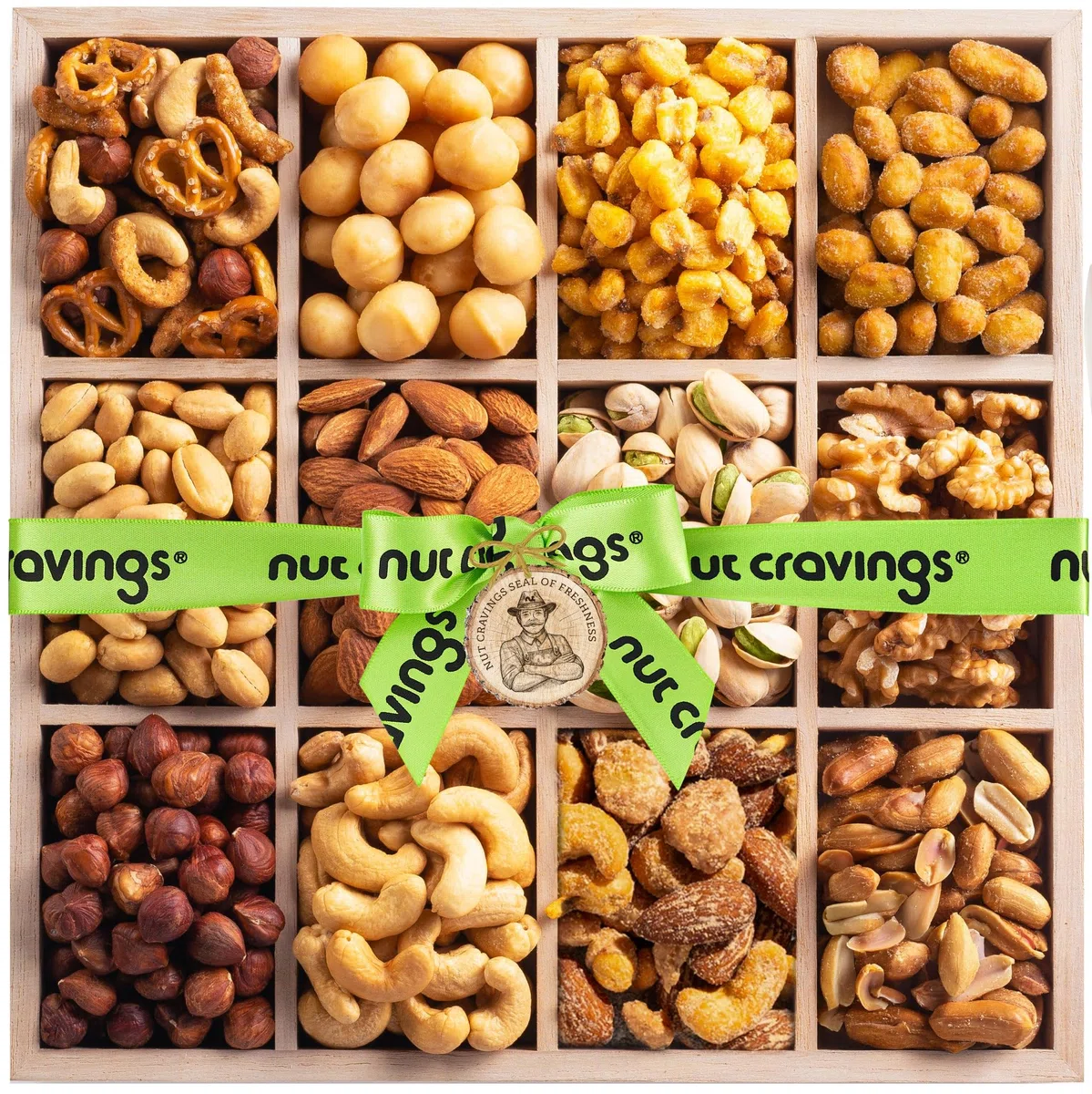 Kium Gourmet Fresh Nut Assortment Gift Basket Wood Tray