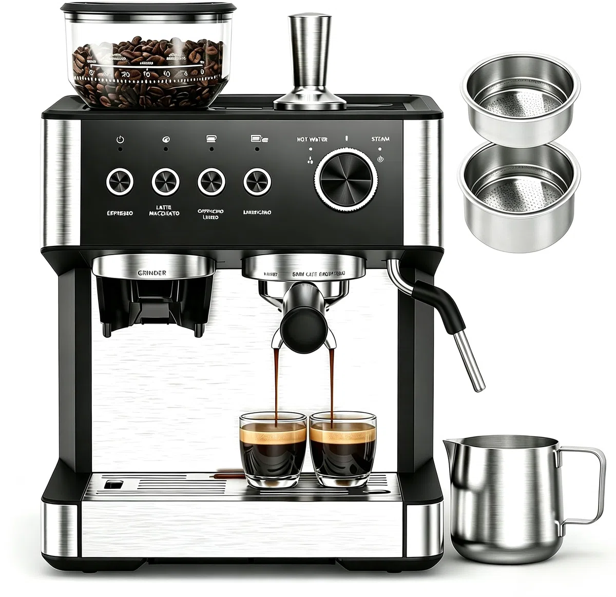 Espresso Siebträgermaschine,20 Bar Kaffeemaschine, 30 Mahlgrade,Espressomaschine Mit 2,3L Wassertank & 270g Bohnenfach,Auto-Milchaufschäumer & Selbstreinigung, Cold Brew, Intelligente Dosierung,1500 w