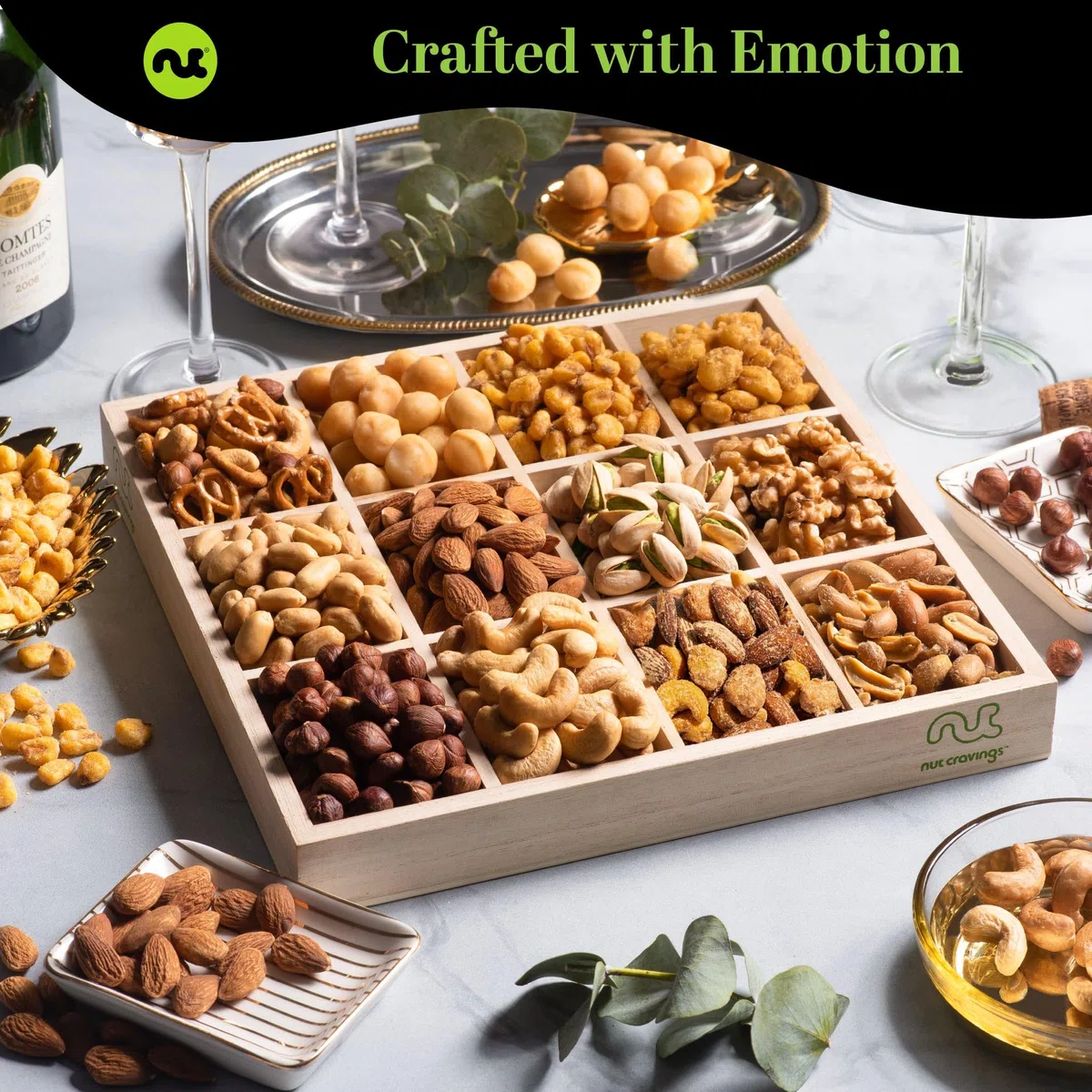 Kium Gourmet Fresh Nut Assortment Gift Basket Wood Tray