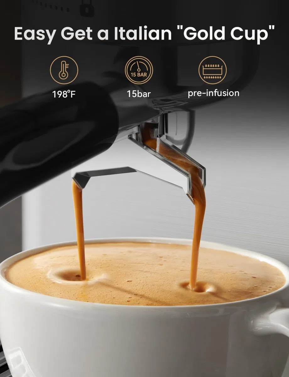 Neretva Siebträgermaschine, Edelstahl Espressomaschine 15 Bar Professionellem Siebträger Kaffeemaschine mit Leistungsstarker Milchaufschäumer, Sichtbares Manometer, 1,8L-Tank, inkl. Barista-Kit