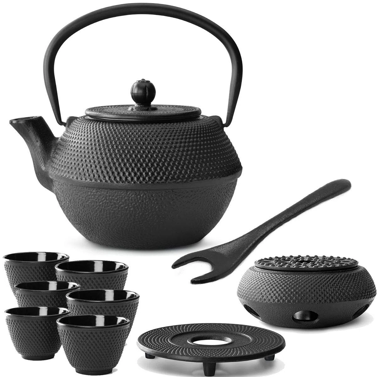 Bredemeijer Teekanne asiatisch Gusseisen Set 1.1 Liter - schwarze Gusskanne mit Henkel & Edelstahl Tee-Filter Sieb-Einsatz für losen Tee & 6 Teebecher & Stövchen & Untersetzer & Deckelheber