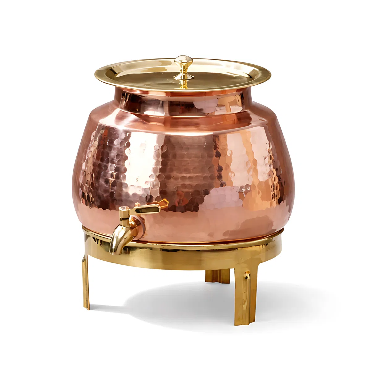 P•TAL Wasserspender aus 100 % reinem Kupfer, schwerer, gehämmerter Kupfertopf mit auslaufsicherem Messingzapfen, Deckel und Ständer, ayurvedische gesundheitliche Vorteile, rotgoldenes Finish