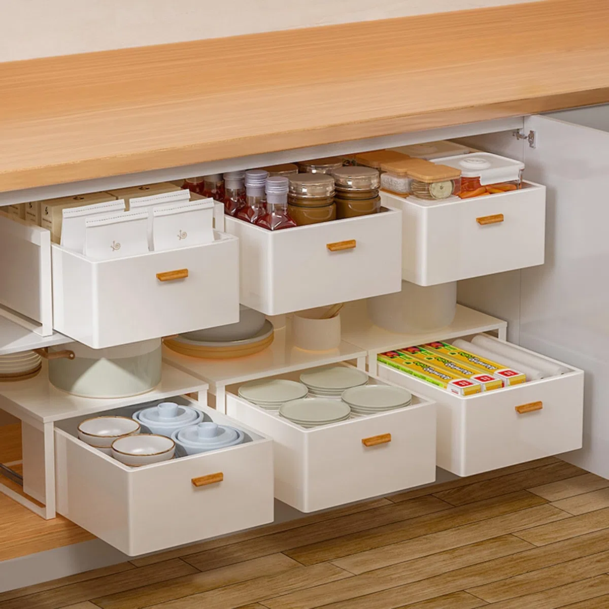Generisch Ausziehbarer Schrank Organizer Teleskopschublade Nachrüsten ausziehbare Schublade mit Griff ausziehbarer Schrank Organizer aus Kohlenstoffstahl. Kein Bohren und Nageln erforderlich.