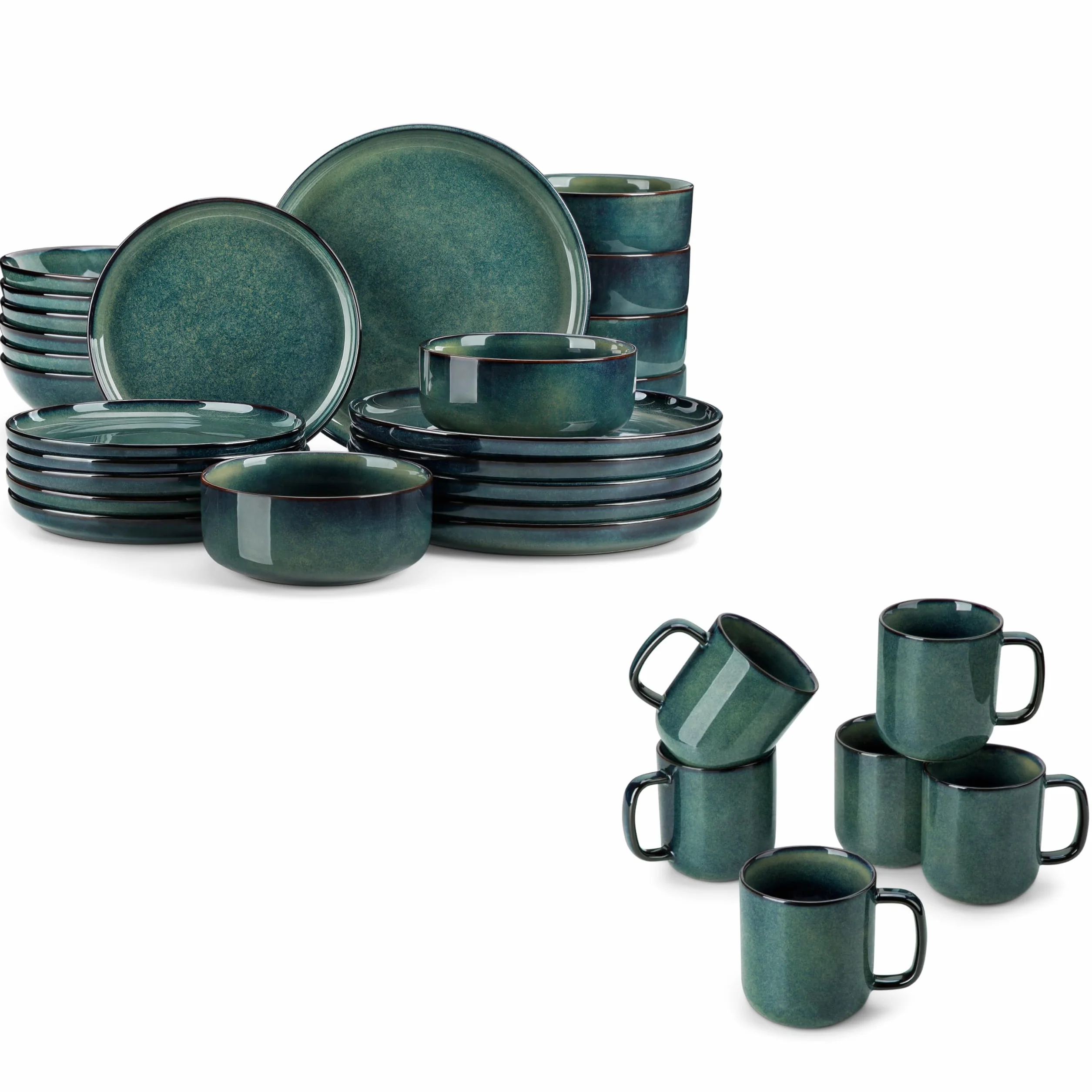 Geschirrset 6 Personen modern, vancasso STARRY 24-teiliges Steingut Geschirr Set Grün+Steingut Kaffeetassen Set 6er, 480ML Tassen Set mit Henkel