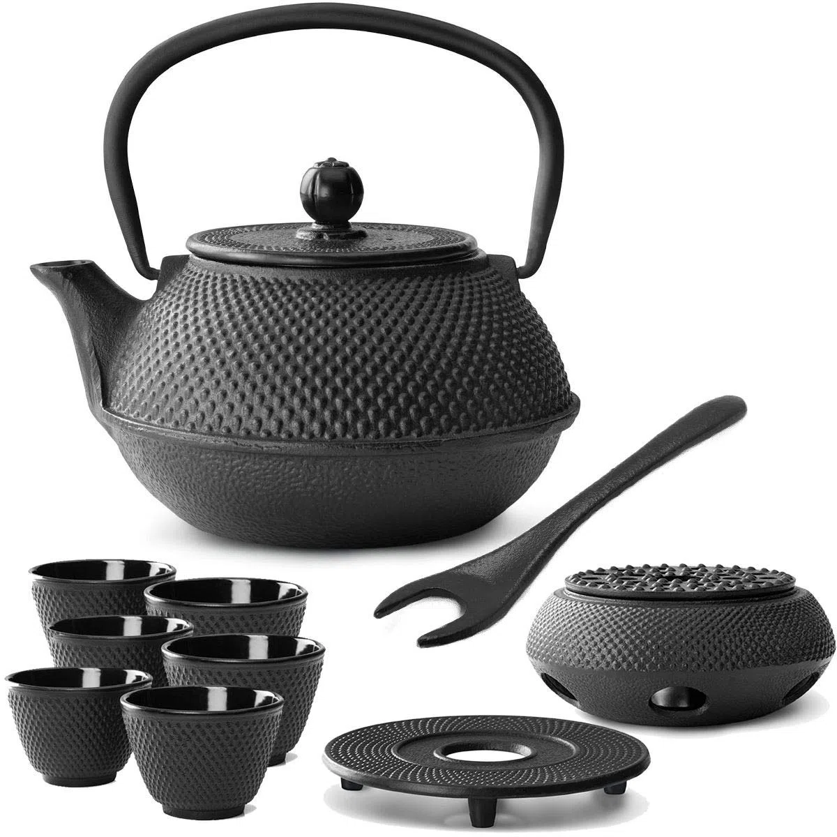 Bredemeijer Teekanne asiatisch Gusseisen Set 0.8 Liter - schwarze Gusskanne mit Henkel & Edelstahl Tee-Filter Sieb-Einsatz für losen Tee & 6 Teebecher & Stövchen & Untersetzer & Deckelheber