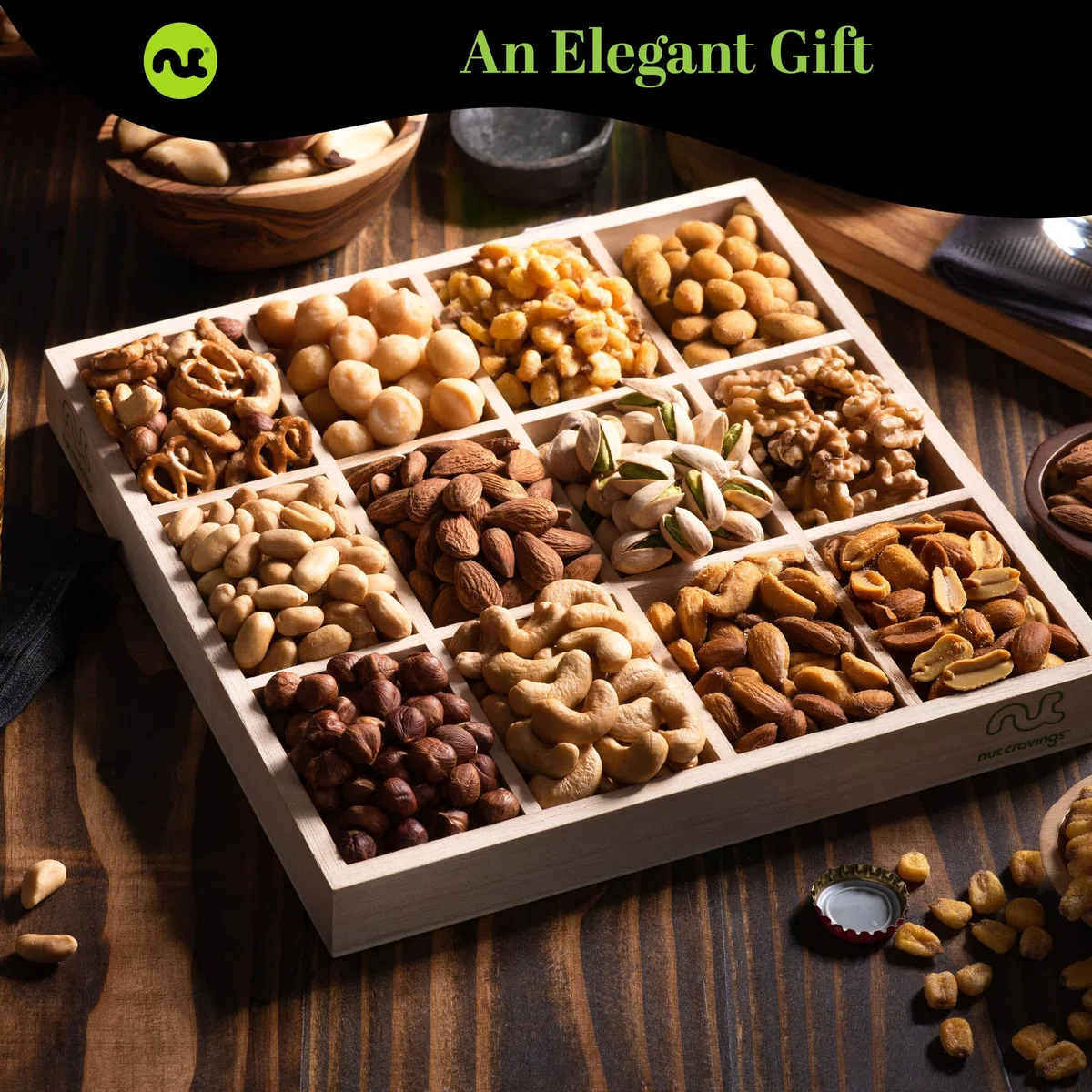Kium Gourmet Fresh Nut Assortment Gift Basket Wood Tray