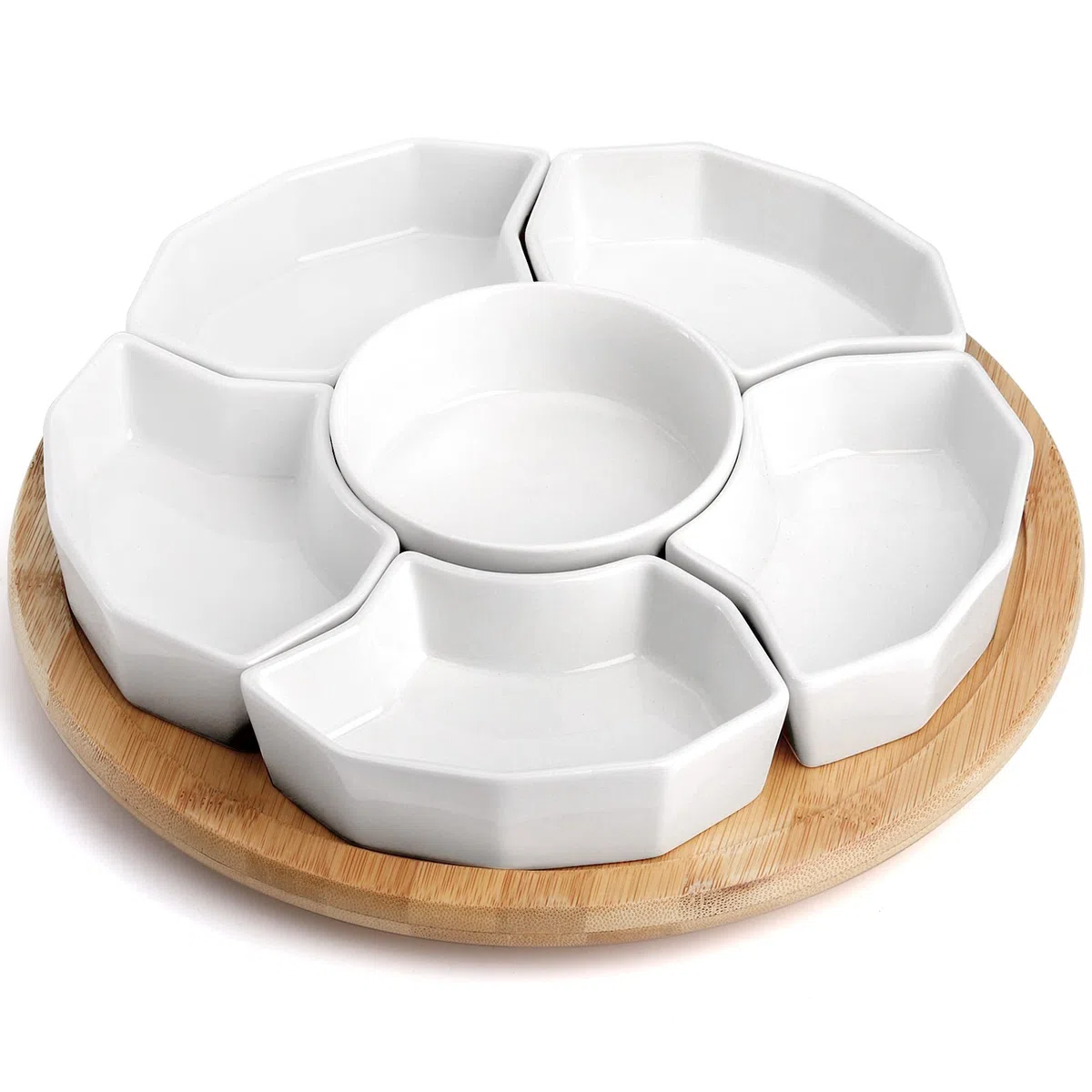 SOUJOY Lazy Susan Serviertablett aus Porzellan, 360° drehbares Serviertablett und Platten, abnehmbare, geteilte Servierschalen, Party-Schüssel für Chip, Dip, Gemüse, Süßigkeiten und Snacks, Käse, 27,9