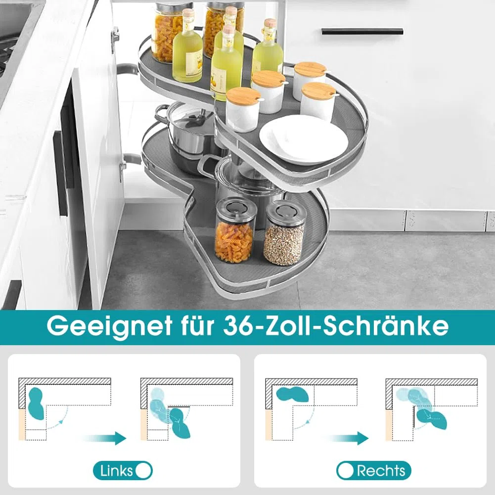 Verstellbare Höhe, 2 Etagen, Eckschrank-Organizer für maximale Aufbewahrung in der Küche, starke Tragfähigkeit, rechts offen, ausziehbar