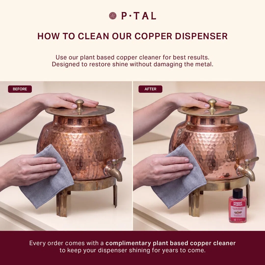 P•TAL Wasserspender aus 100 % reinem Kupfer, schwerer, gehämmerter Kupfertopf mit auslaufsicherem Messingzapfen, Deckel und Ständer, ayurvedische gesundheitliche Vorteile, rotgoldenes Finish